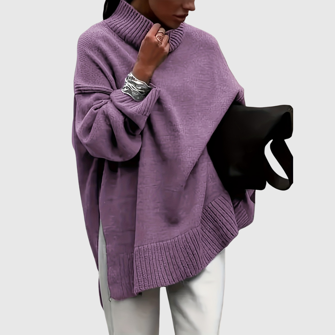 Victoria's oversized sweater in purple, front view on model