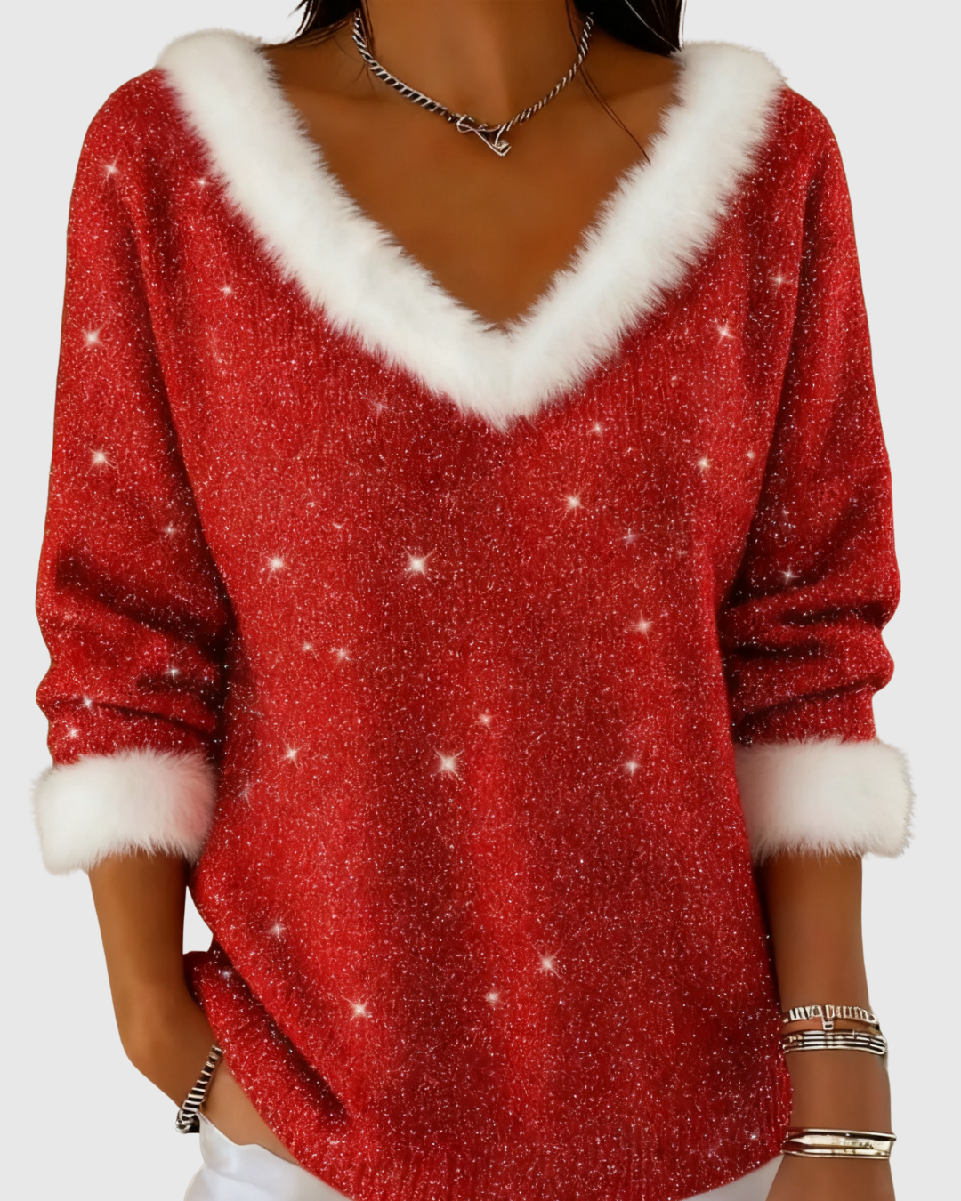 Arianwen festive knit sweater in red, close front view with faux-fur V-neckline