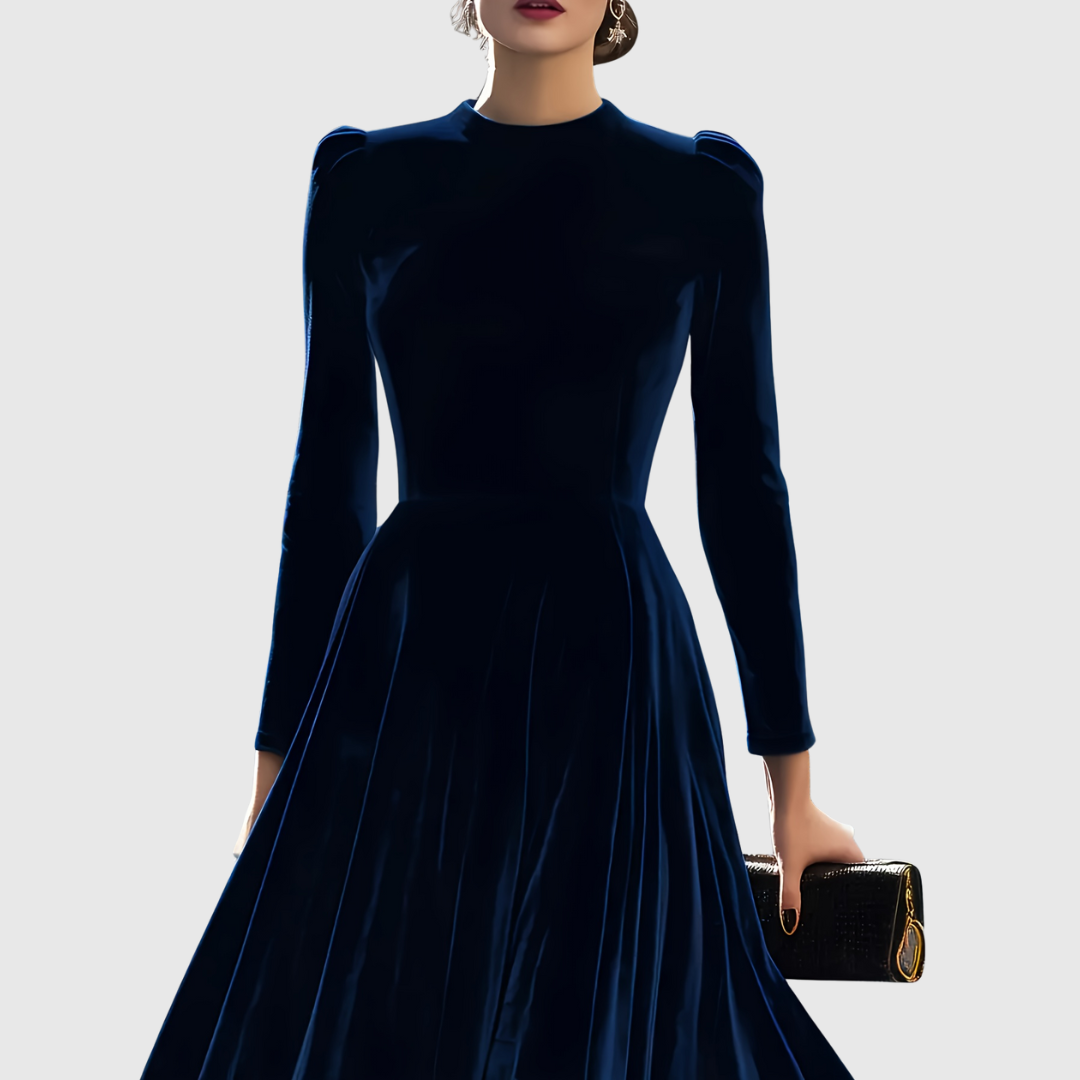 Soopie velvet dress in navy blue, close front view of bodice and waist