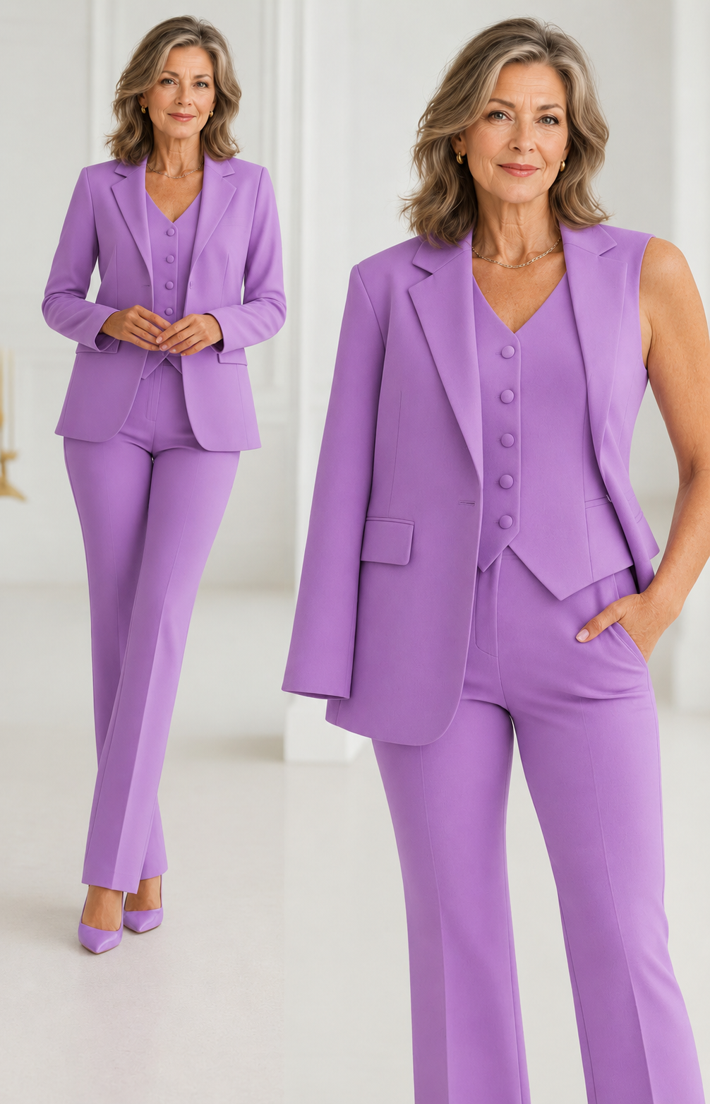 Henrietta elegant three-piece suit in purple, full-length and close-up view