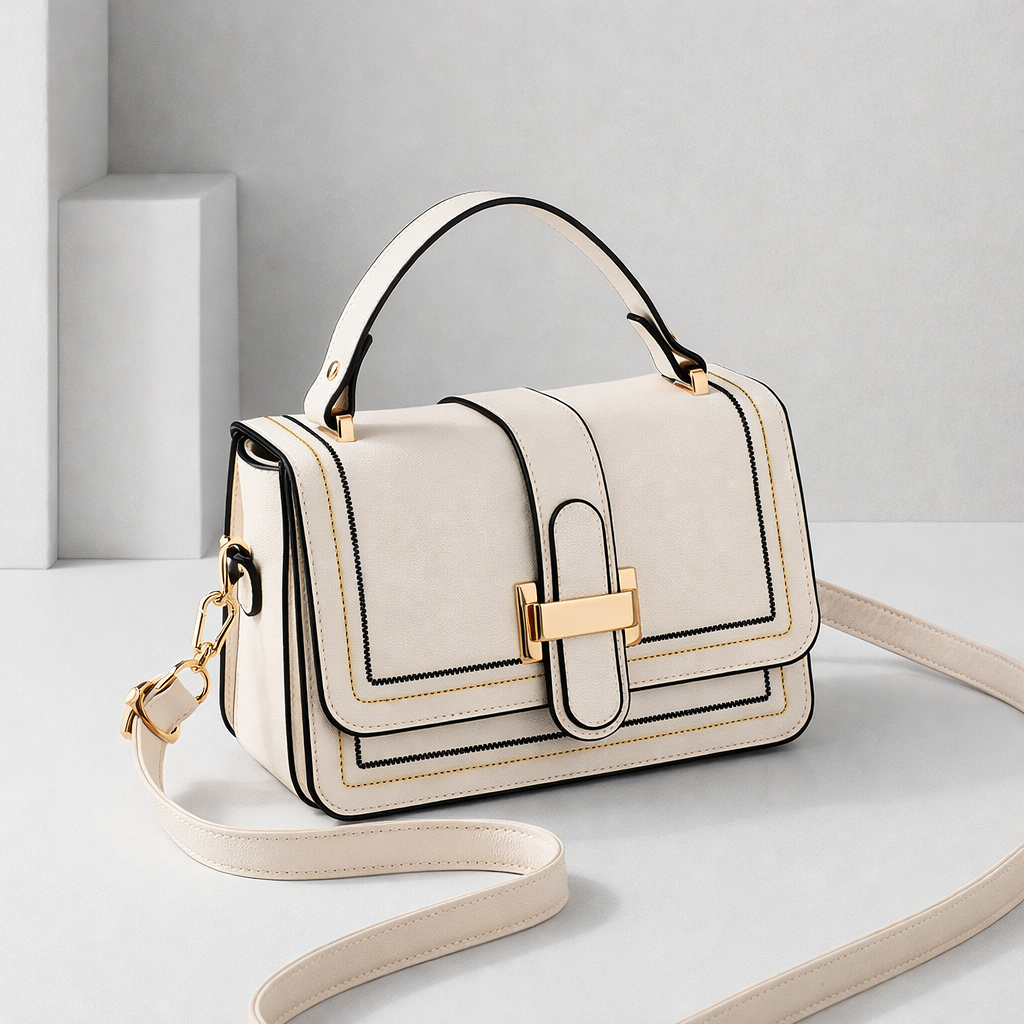 Luna Paris structured shoulder bag in cream with gold buckle, front angled view