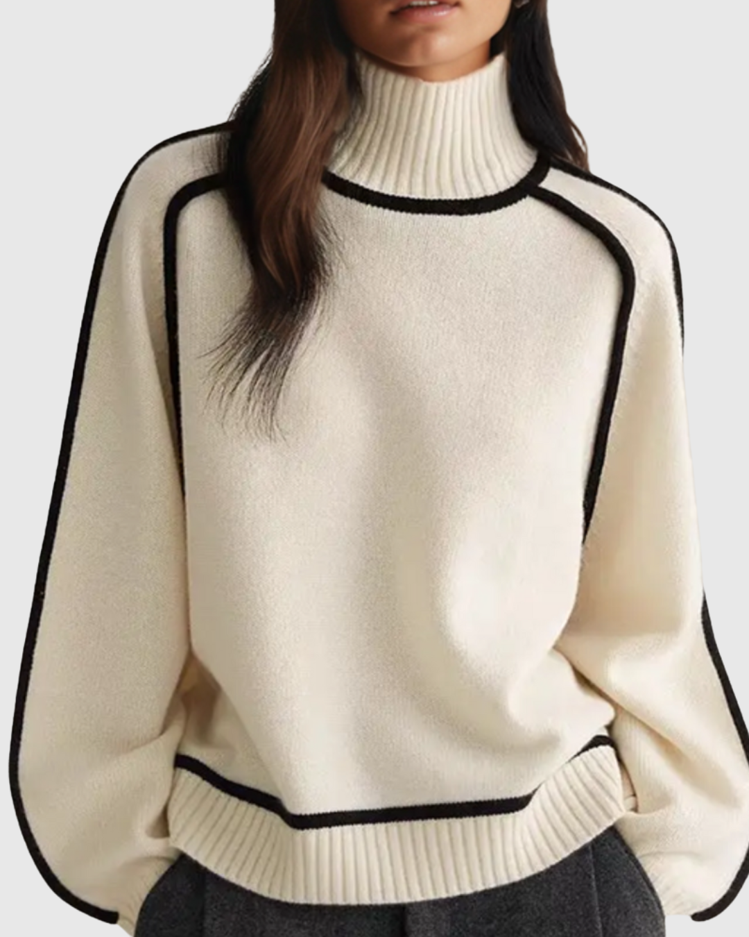 Mariel turtleneck sweater in white, front view with dark trim detail
