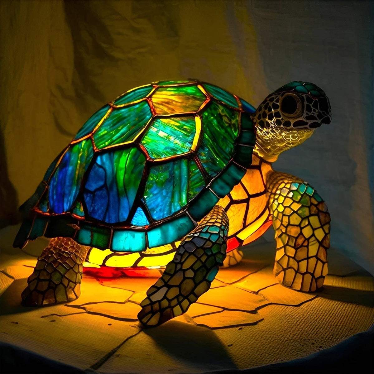 Aurelia turtle lamp in green and amber stained-glass style, lit side view
