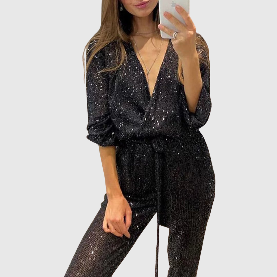 Aralyn sparkling party jumpsuit in black, front view with belted waist