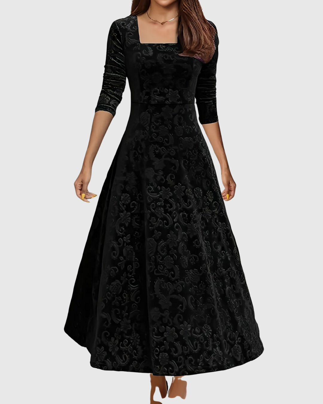 Vespera floral velvet midi dress in black, full-length front view