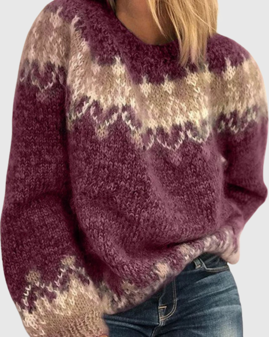Maja Nordic pattern sweater in red, front view on model