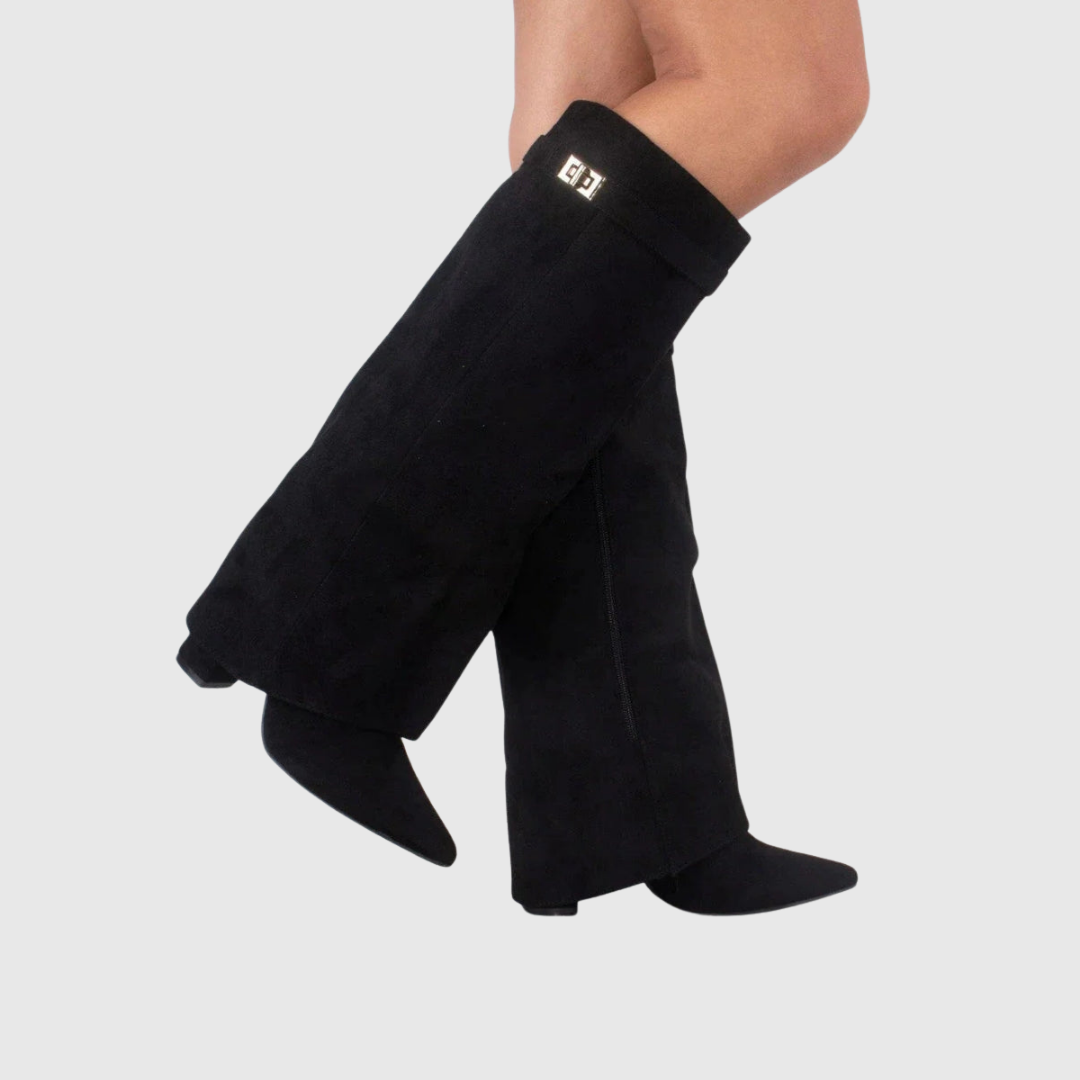 Lelene knee-high wedge boots in black, walking side view