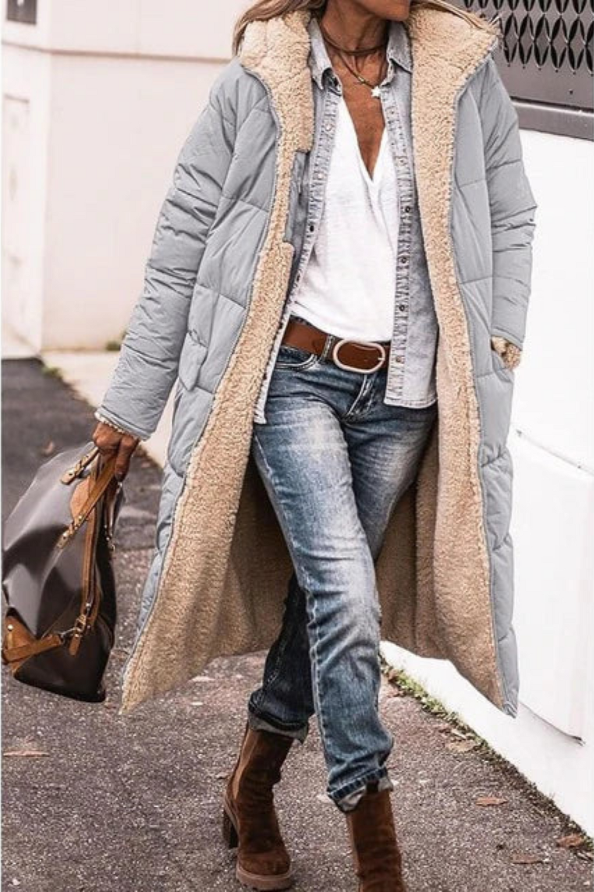 Celia reversible padded coat in grey, full-length front view
