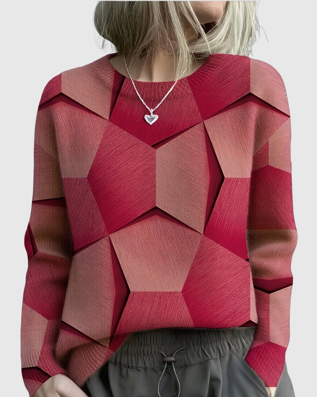 Lavinia geometric knit sweater in red, front view on model