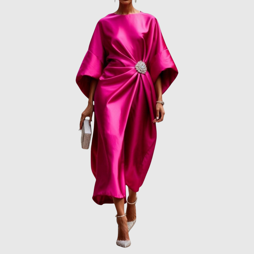 Luneth satin midi dress in pink, full-length front view