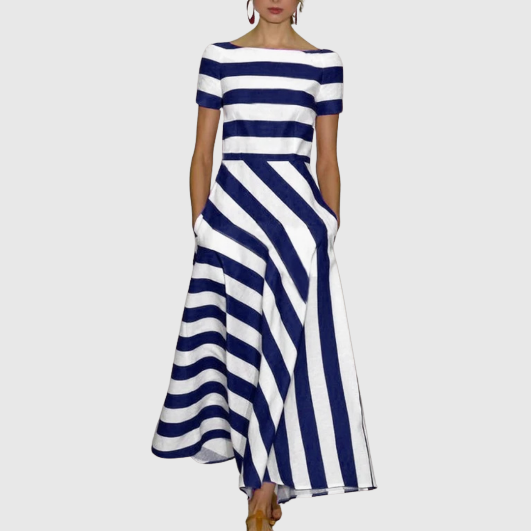 Delora striped maxi dress in navy and white, full-length front view