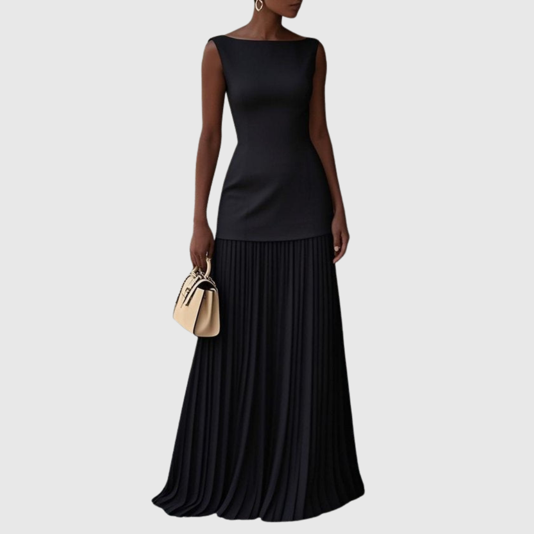 Coralie pleated maxi dress in black, full-length front view