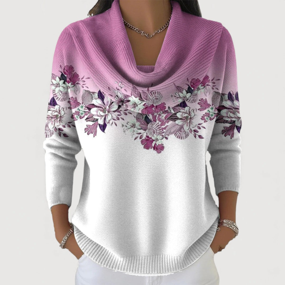 Alba floral roll-neck jumper in lilac and white, front view