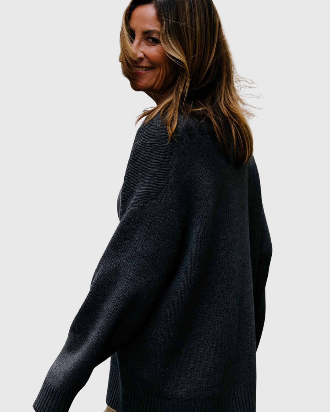 Colette oversized sweater in charcoal, back and shoulder view