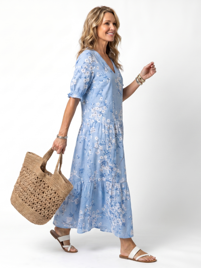 Alora floral print midi dress in blue, walking side view