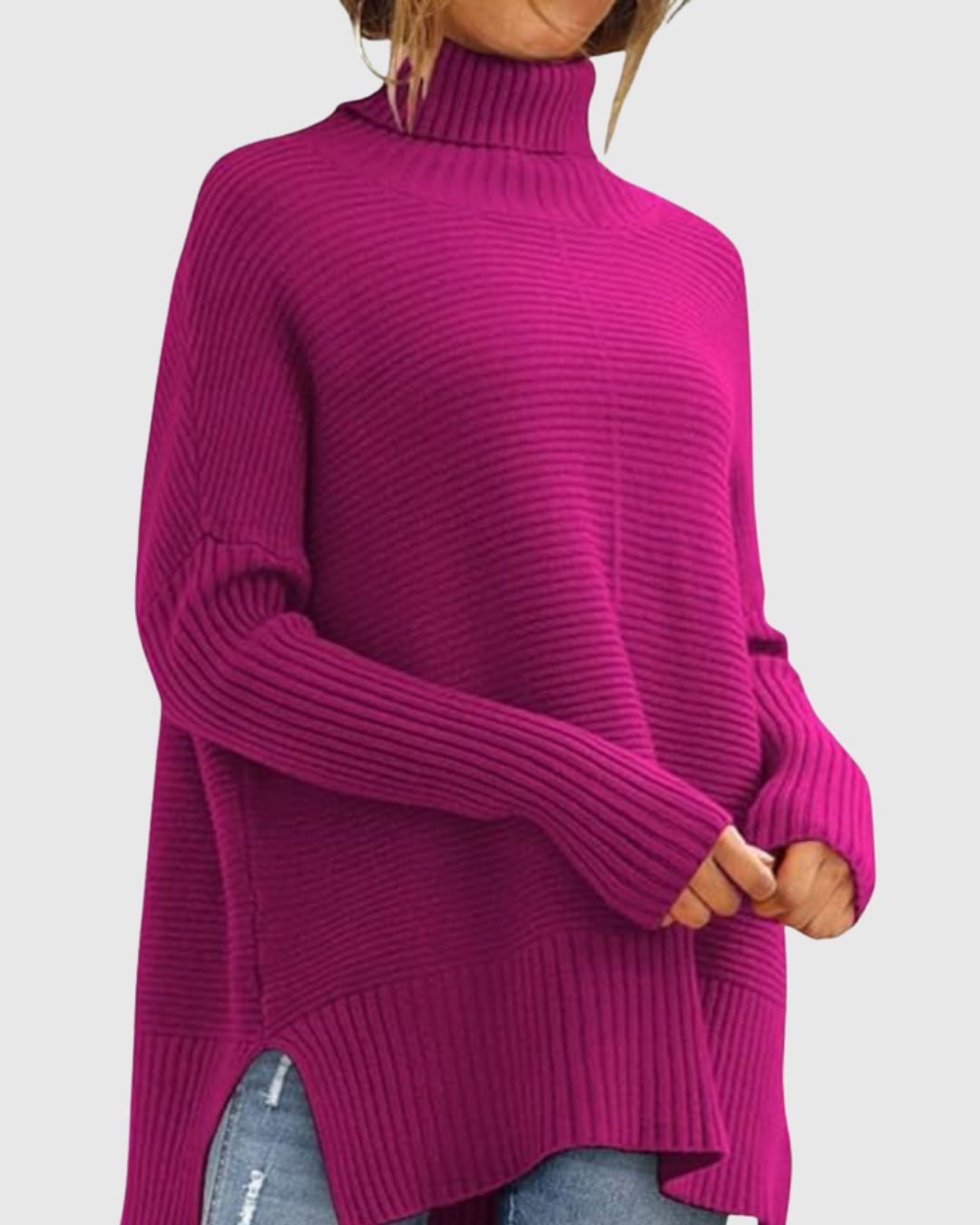 Aeronwen ribbed turtleneck knit jumper in pink, front view