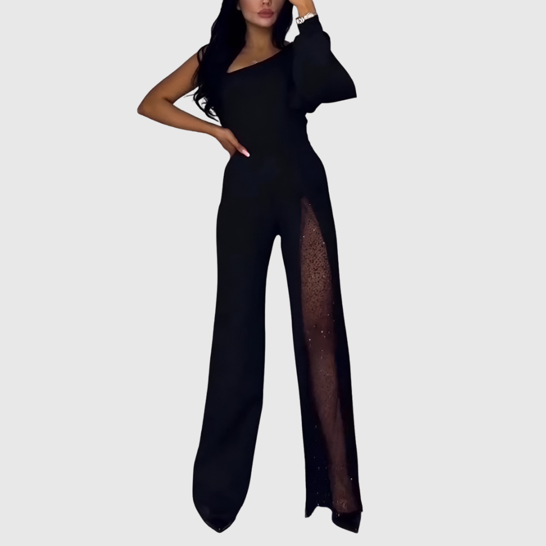 Eirisse wide-leg jumpsuit in black, front view with one-shoulder puff sleeve