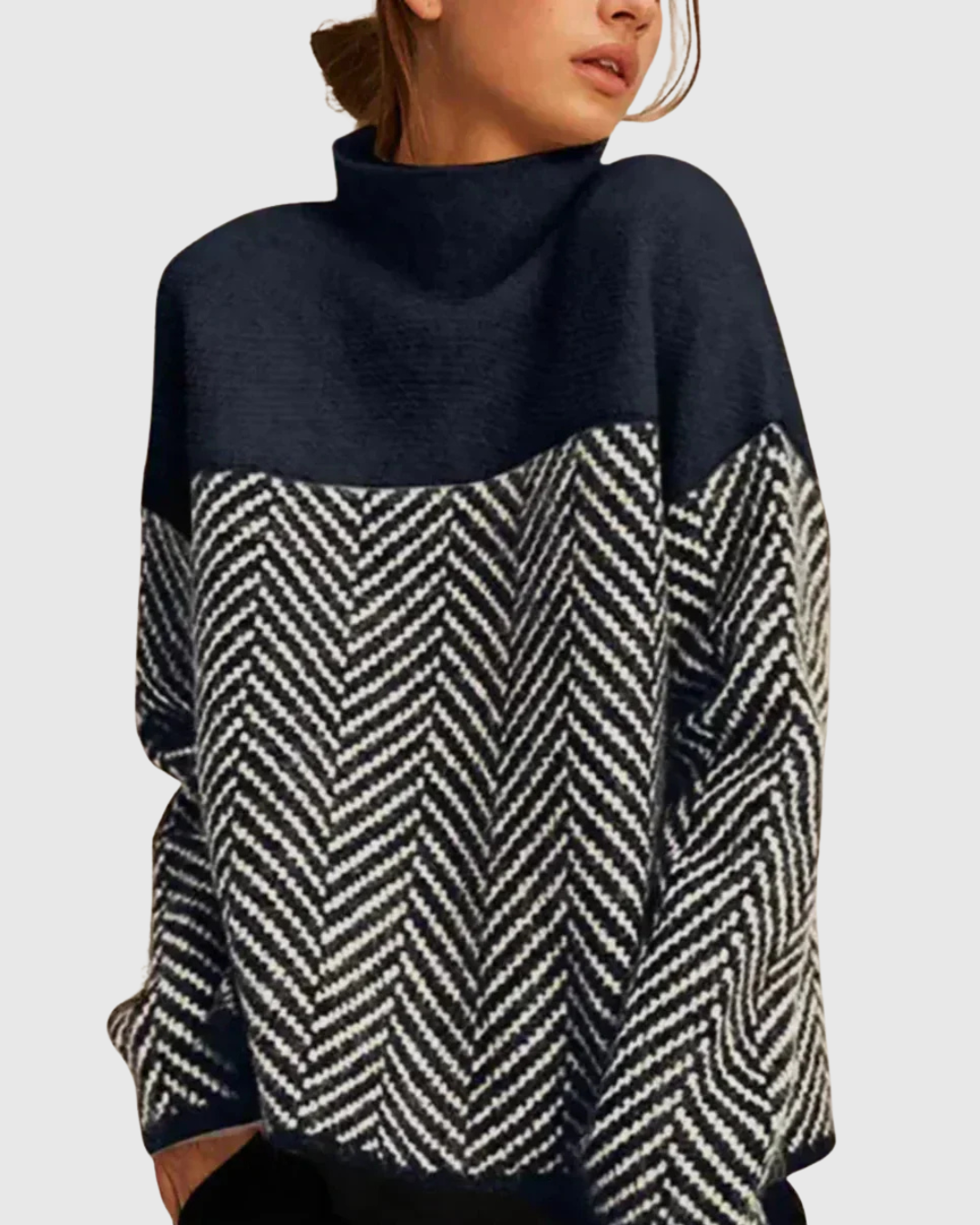Tamsin turtleneck sweater in navy blue herringbone, front view