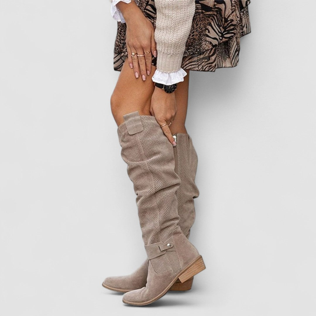 Georgiana knee boots in beige, close view of ankle strap and heel
