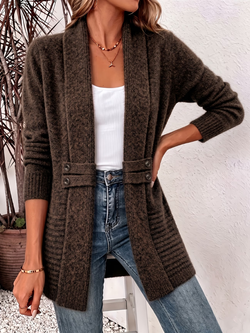 Caddie knitted cardigan in brown, front view showing ribbed collar