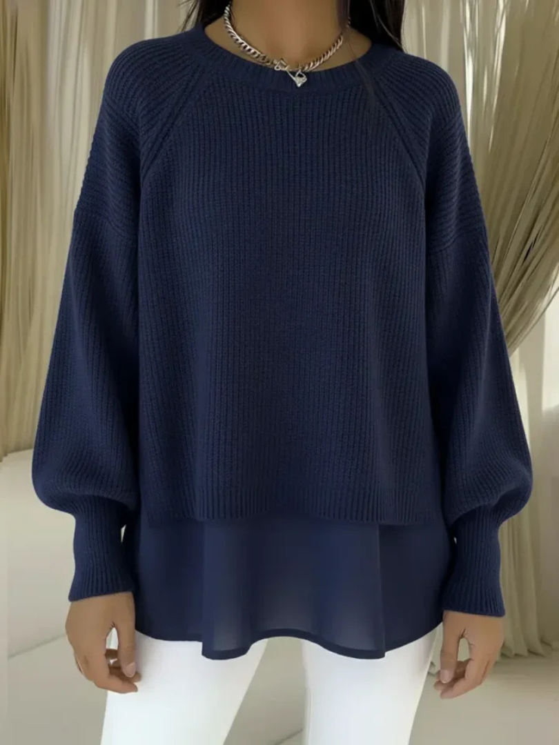 Casilda two-layer effect jumper in navy blue, front view on model