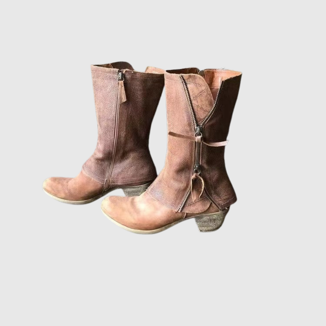Tamera mid-calf boots in tan brown showing decorative outer zips