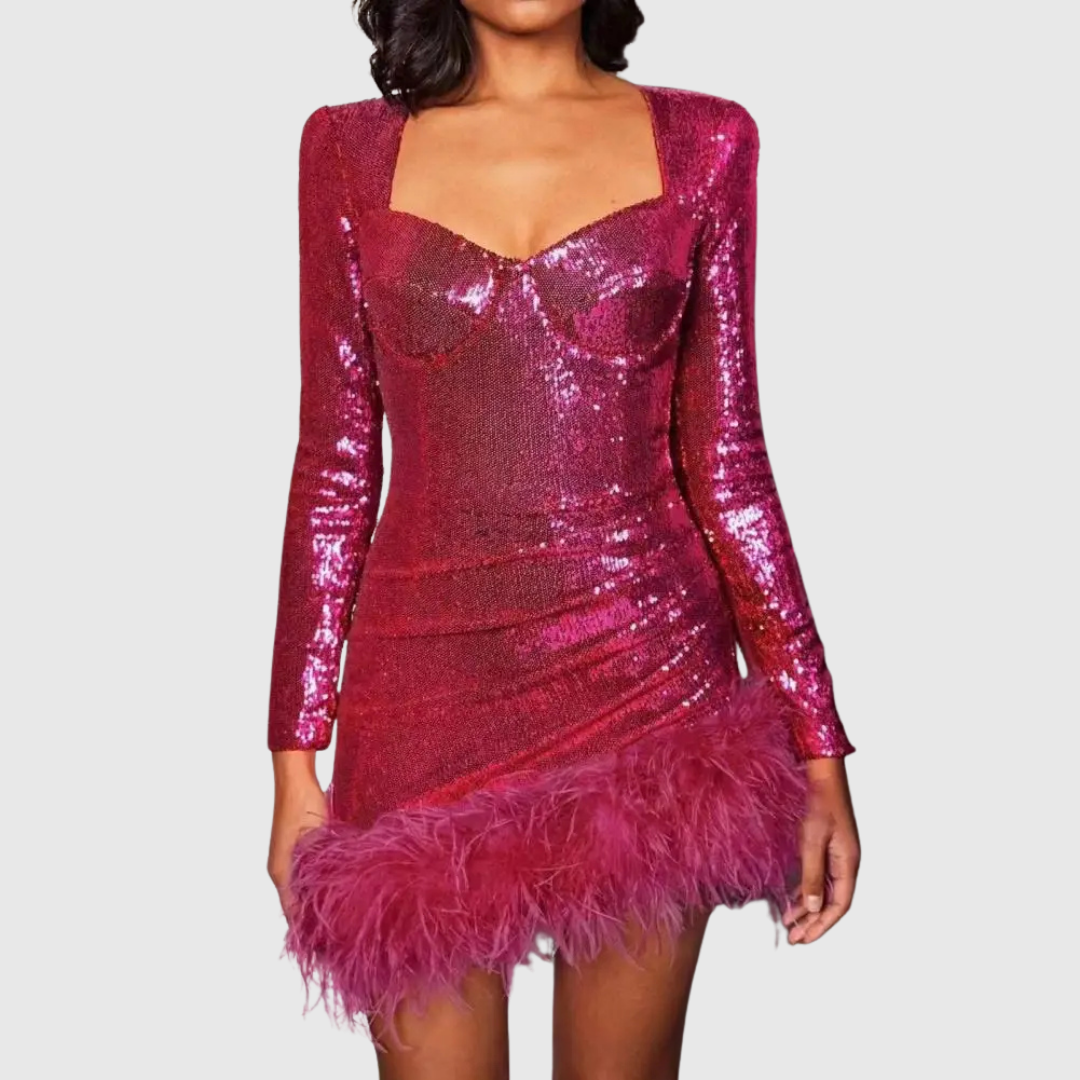 Fionelle sequin mini dress in rose red, front view of bodice and hem