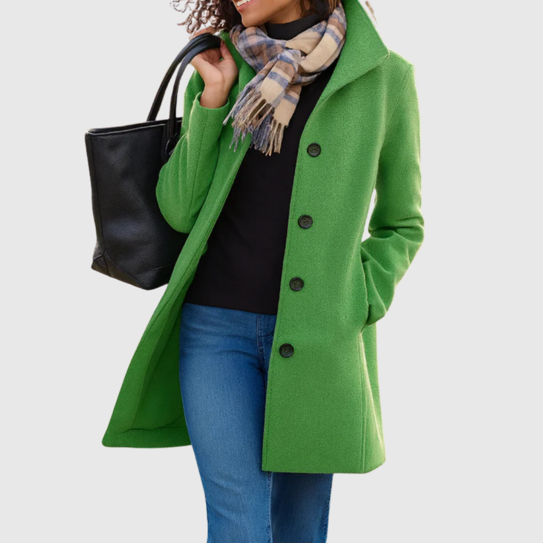 Connie classic coat in green, front view with checked scarf