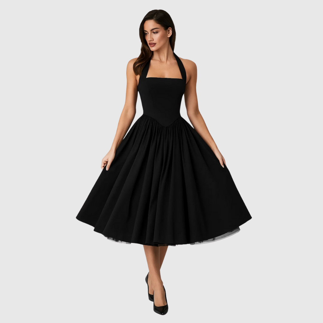 Verity halter midi dress in black, full front view