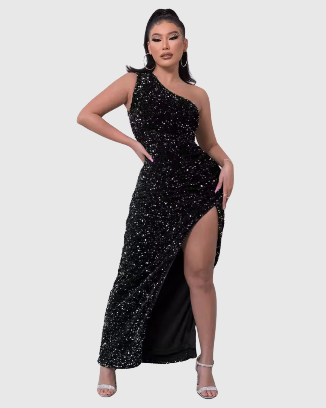 Lillian one-shoulder sequin evening dress in black, full-length front view