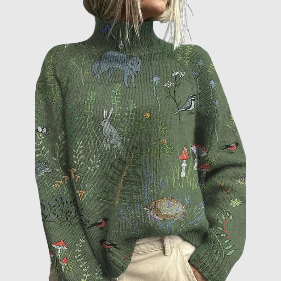 Eris green woodland print turtleneck sweater, front view on model