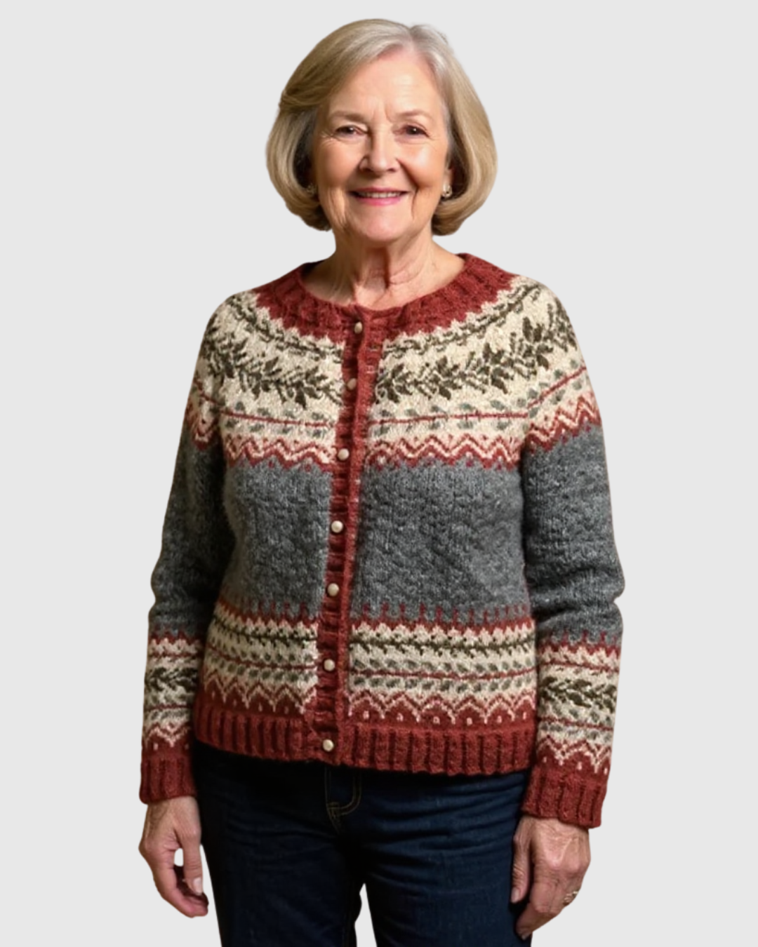 Esmé Icelandic cardigan worn with jeans, front view with buttons fastened
