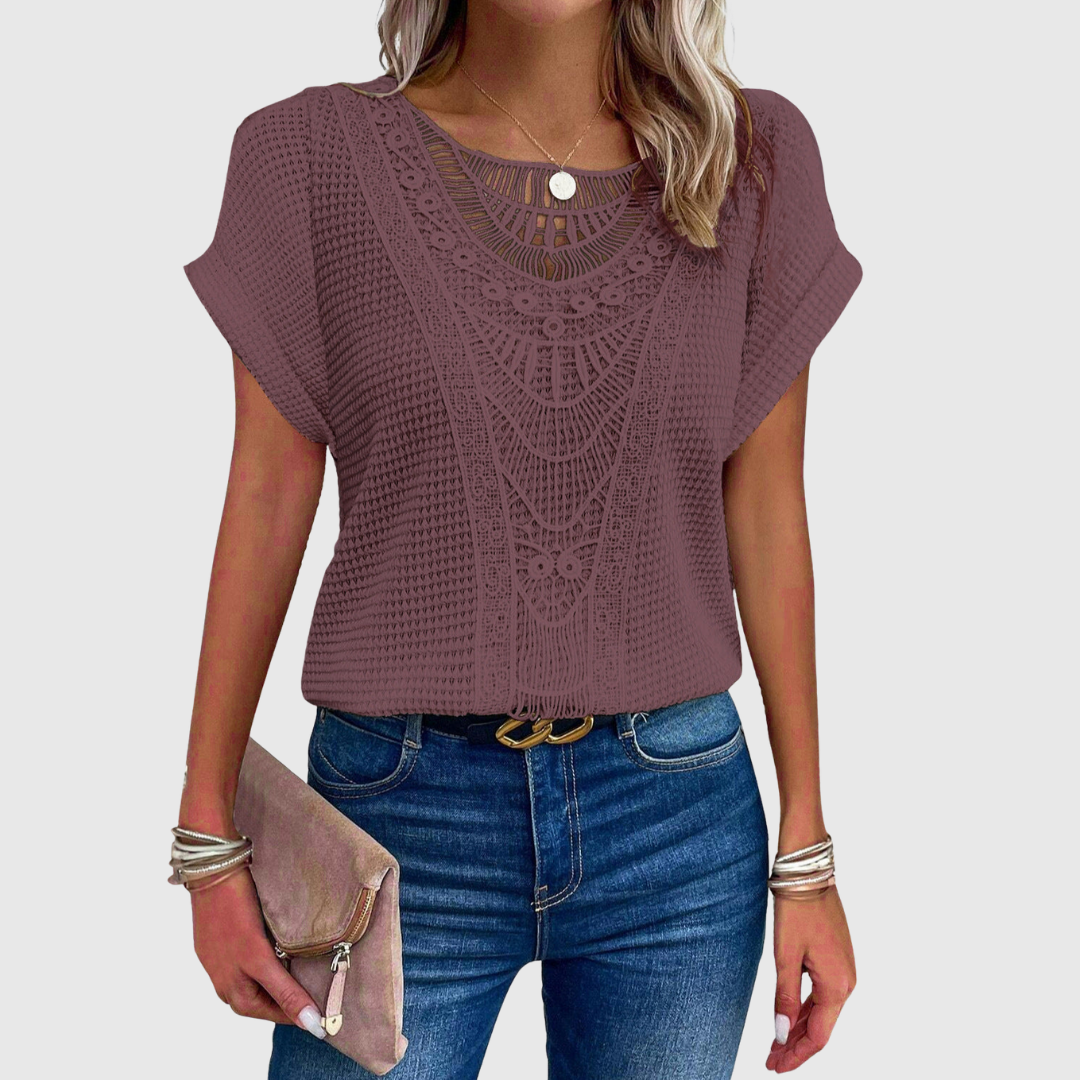 Lucinda lace short sleeve top in purple, front view