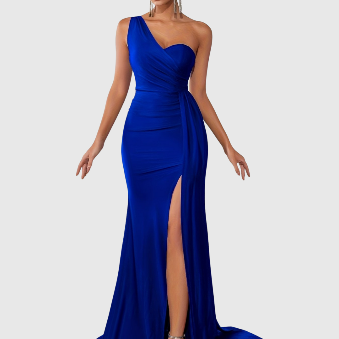 Selvyna one-shoulder mermaid gown in royal blue, full-length front view