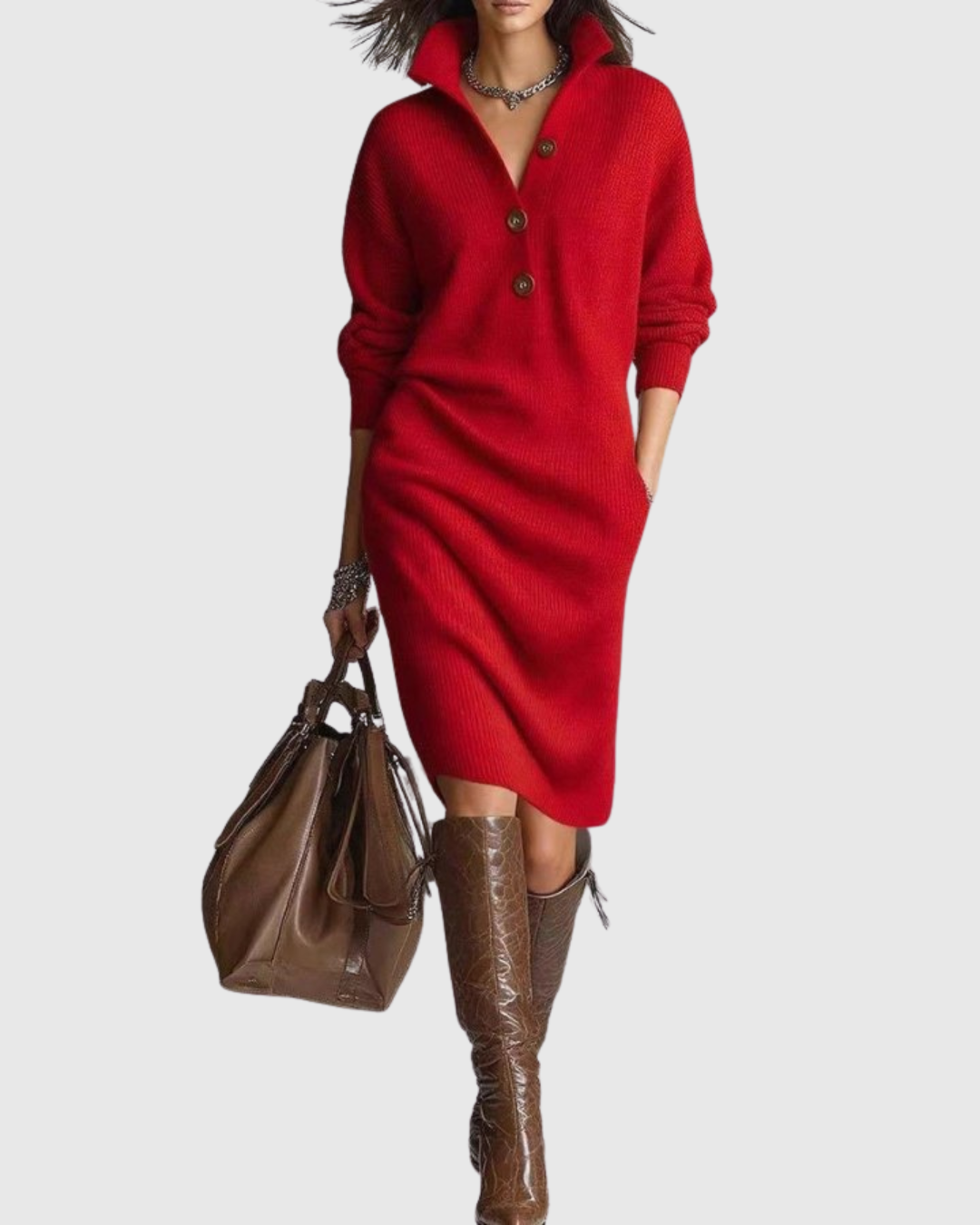 Arianell winter knit midi dress in red, full-length front view