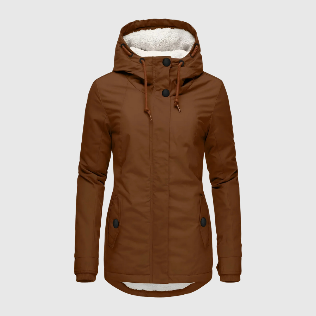 Agnes fleece-lined winter coat in brown, front view