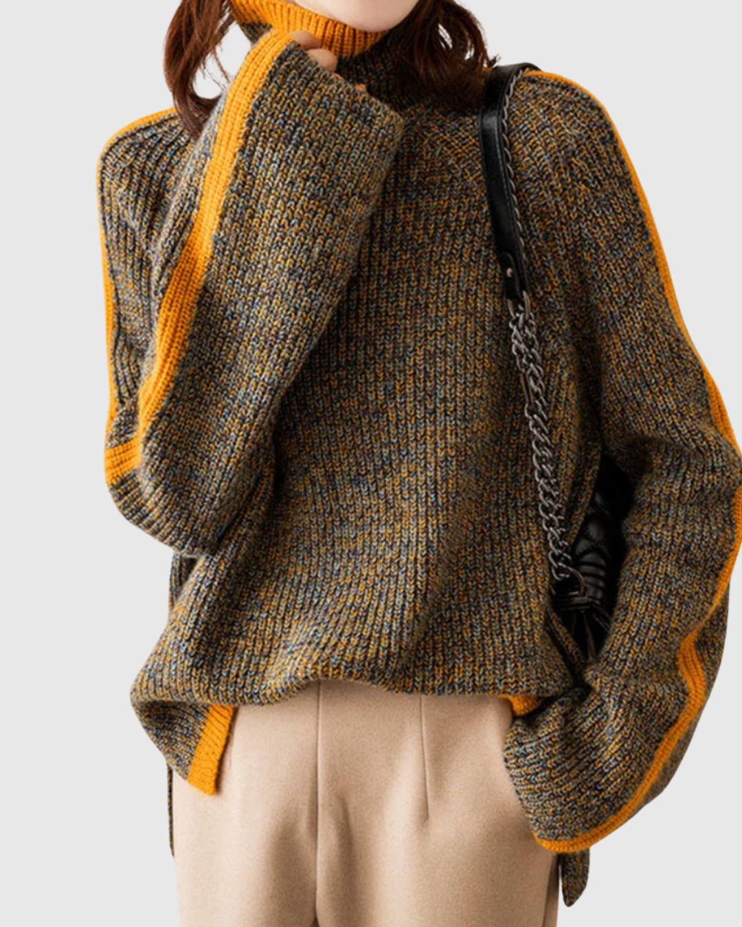 Thalira turtleneck sweater in grey-yellow marl, three-quarter view with contrast ribbing