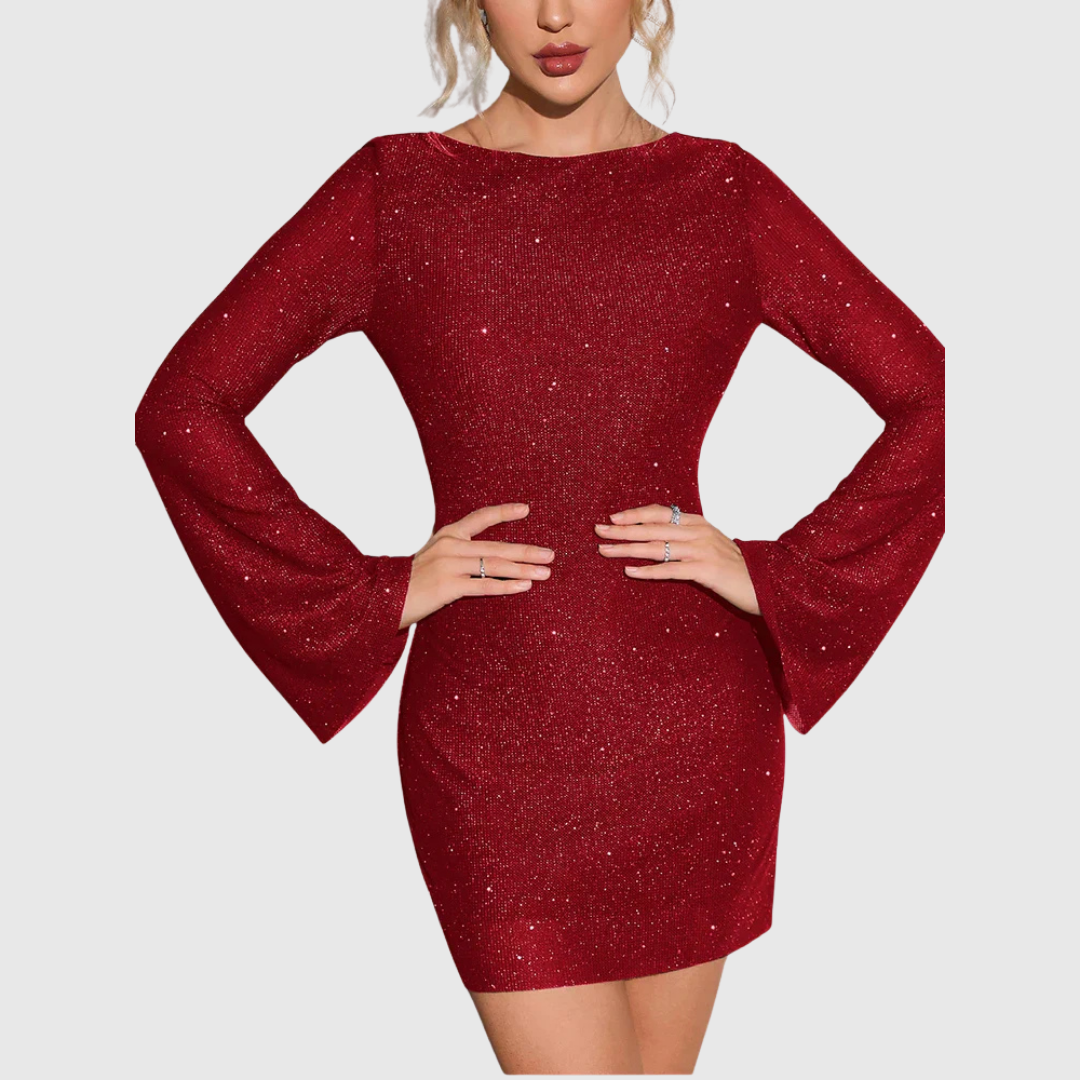 Isadora shimmering mini dress in red, close front view of ruched waist