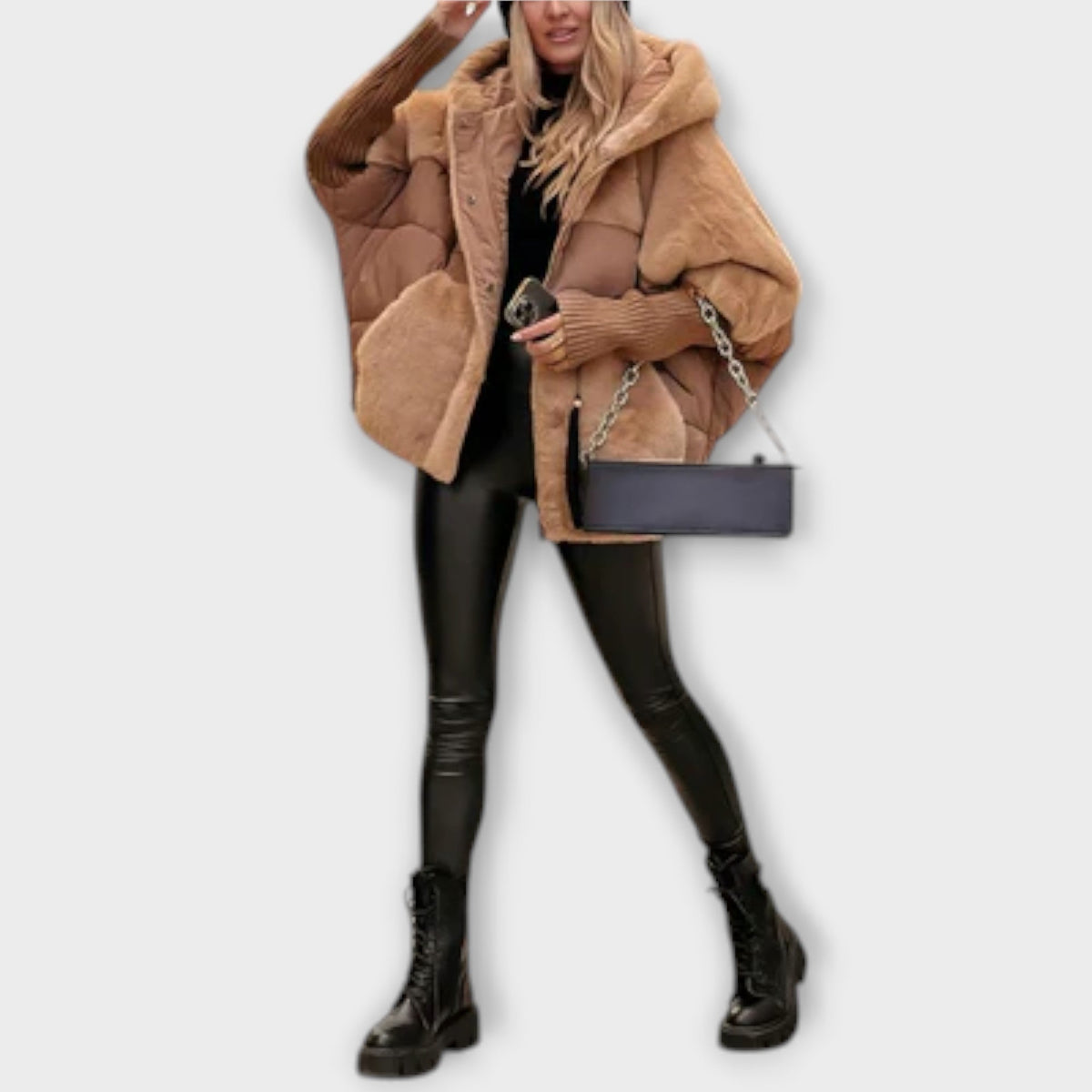 Elsie puffer jacket in brown, full-length front view