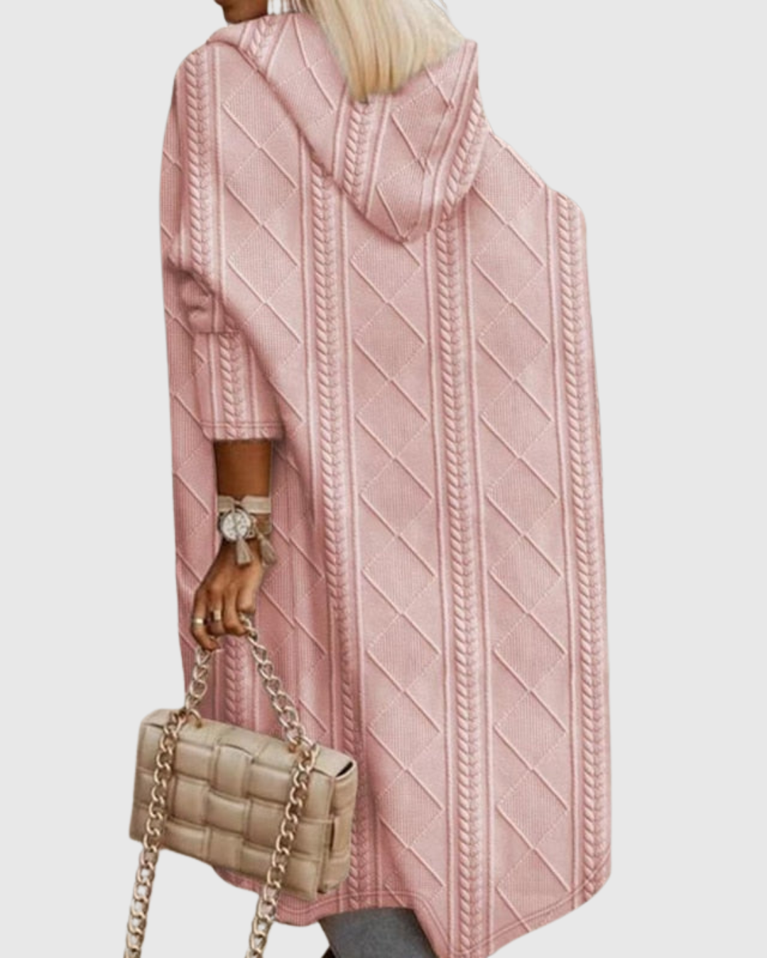 Honoria hooded cable-knit cardigan in rose, back view with diamond knit