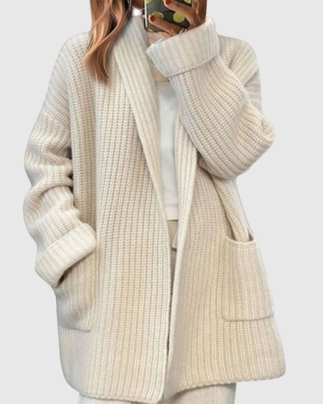 Mabel knitted cardigan in cream, relaxed long fit with patch pockets