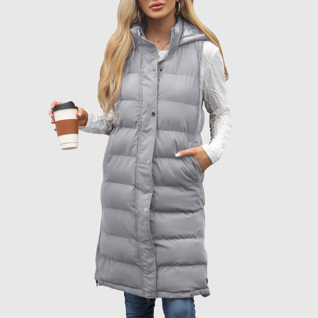 Lifia longline hooded vest in grey, front view