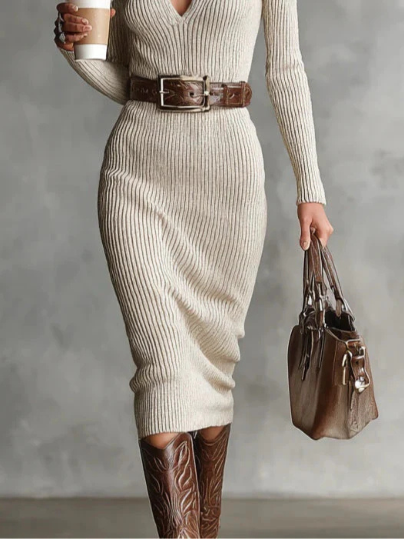 Ammina ribbed knit dress in oatmeal cream, detail of belted waist and midi skirt