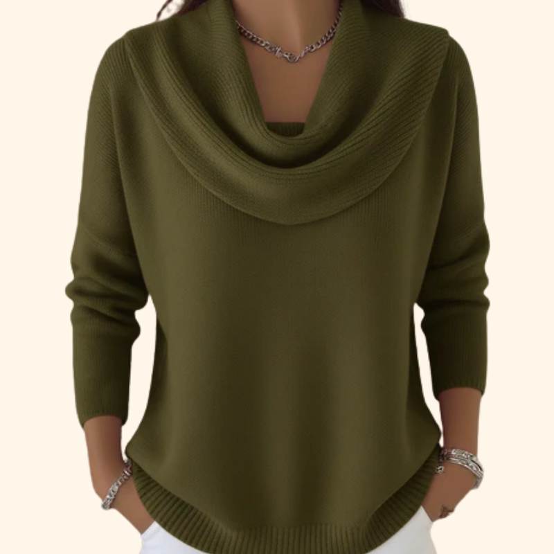 Julia draped-neck jumper in green, front view