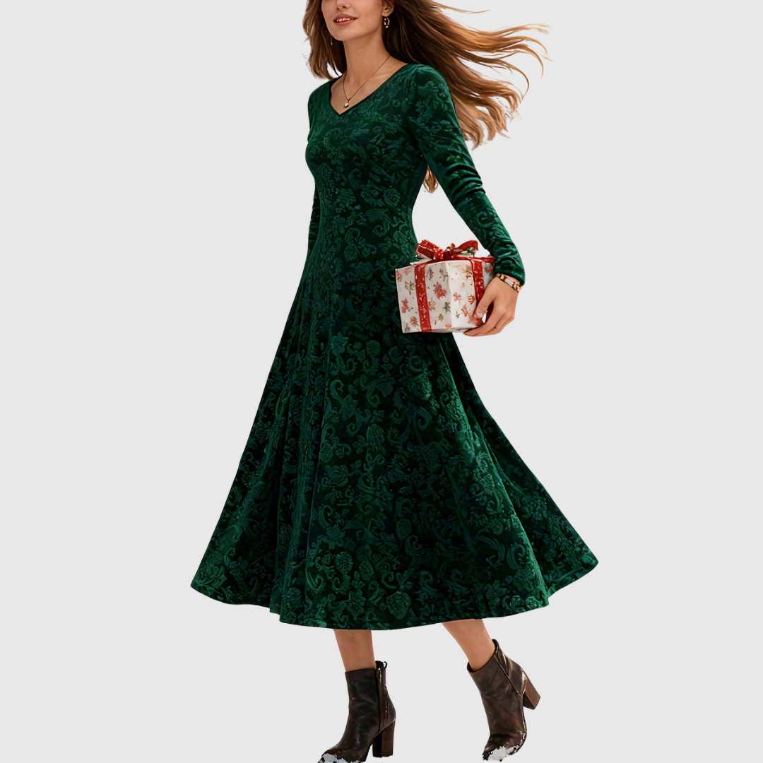 Grece velvet dress in green, full-length front view