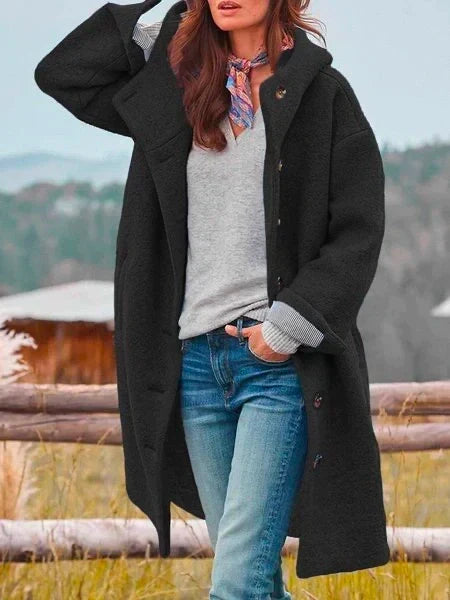 Lenora soft transitional coat in black, full-length front view