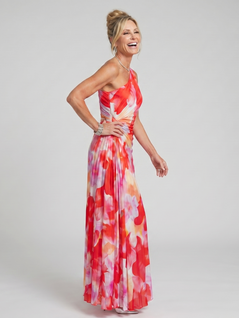 Taya one shoulder midi dress in red floral, side view showing flowing skirt