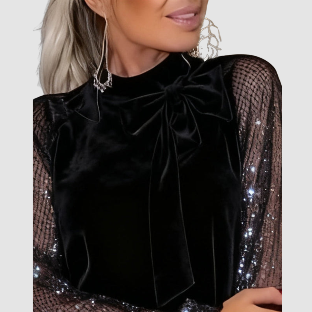 Martina suede dress in black, close-up of bow tie neckline