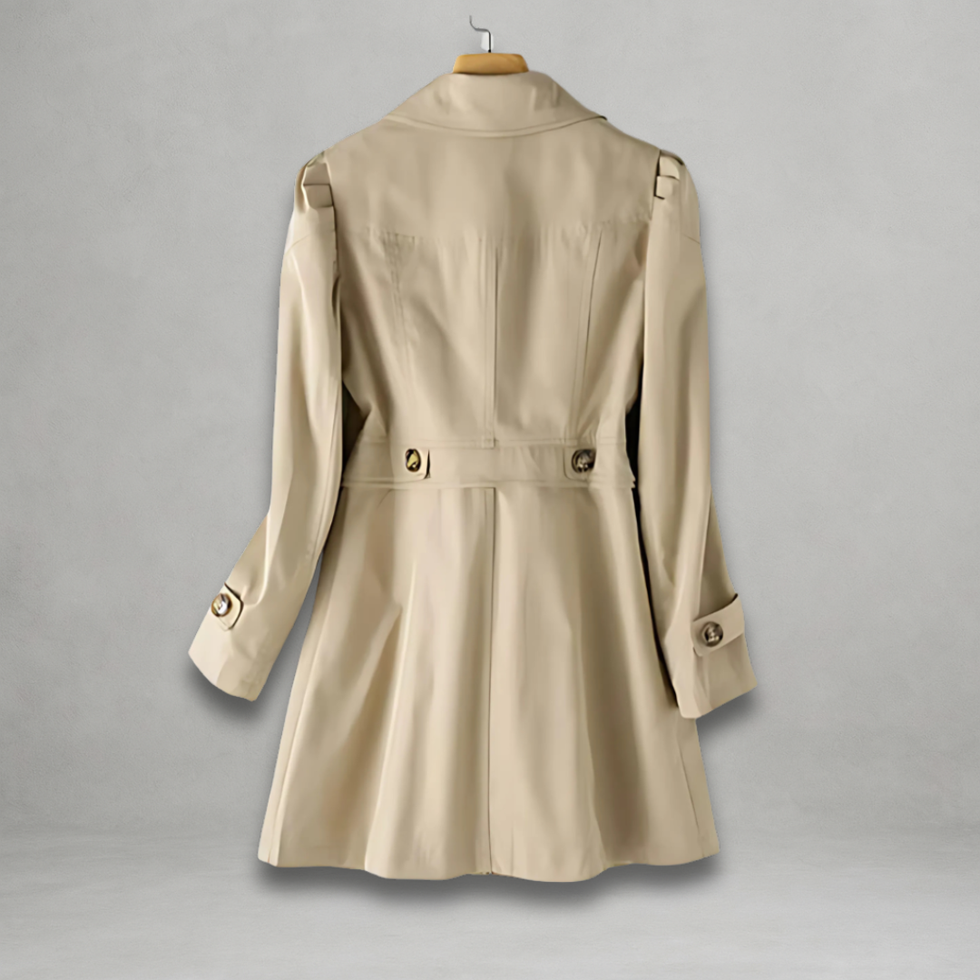 Clarisse trench coat in beige, back view with waist tabs
