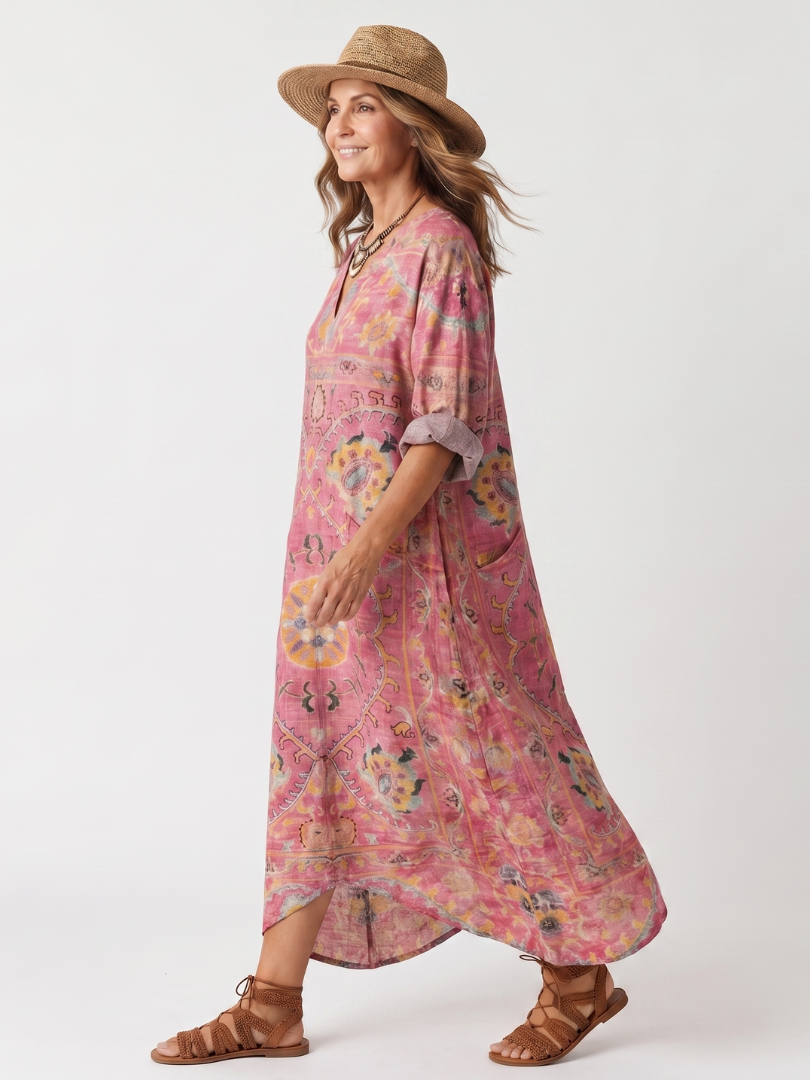 Tilda abstract print midi dress in pink, side view walking